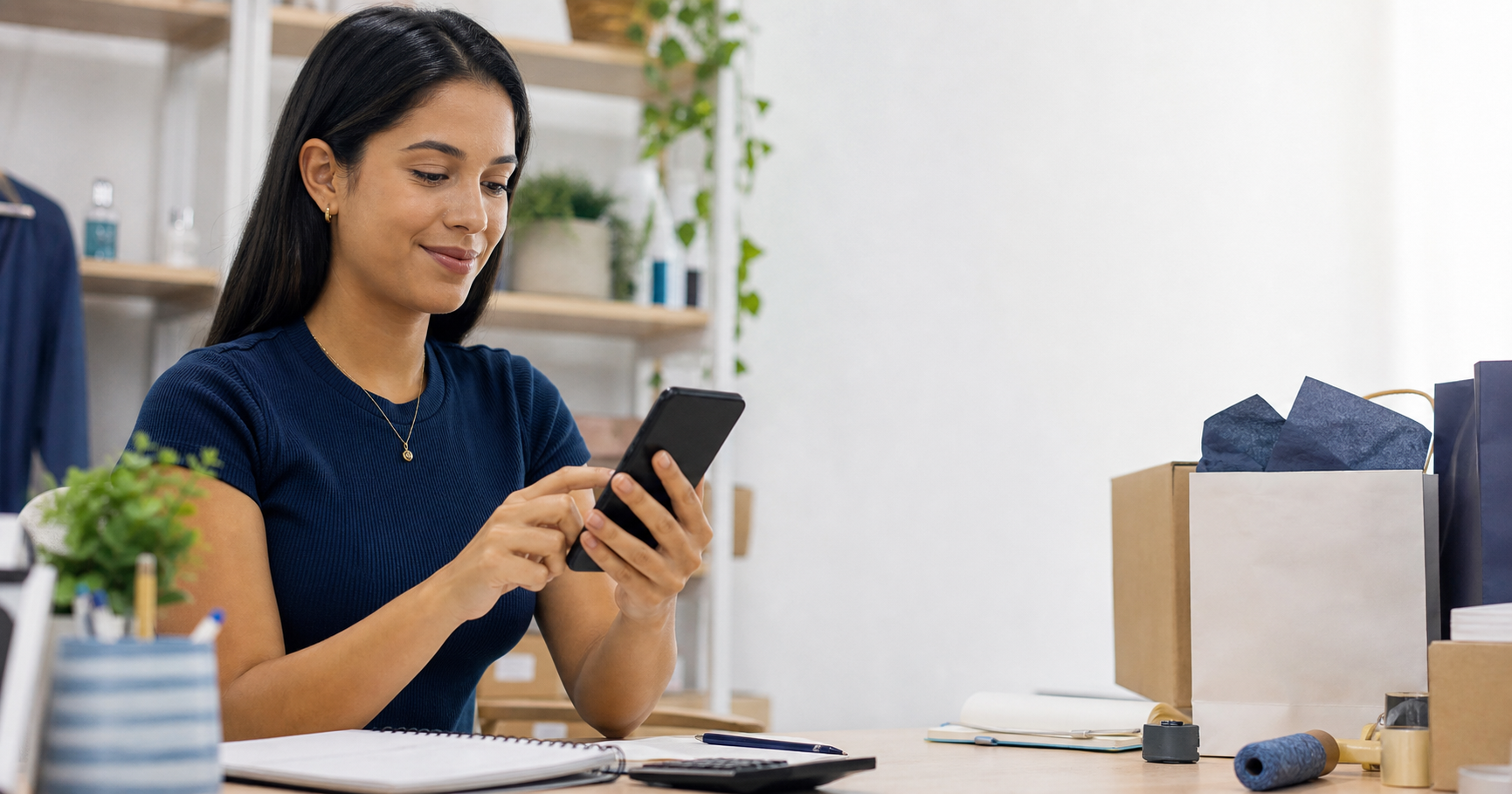 Empreendedora usando o celular para organizar cobranças